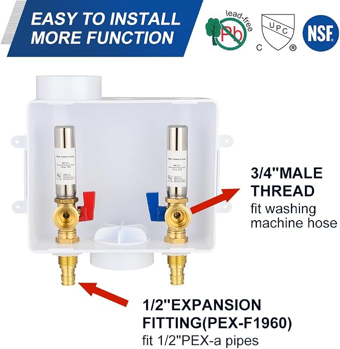 1 Piece EFIELD PEX-A Washing Machine Outlet Box,SS Hammer Arrestor | 1/2-inch PEX-A Expansion Washer Box with Center Drain-WM053(1)
