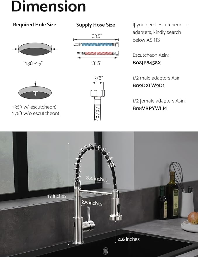 WEWE Touchless Kitchen Faucet, 2-Mode Sprayer, Brushed Nickel, Pull-Down
