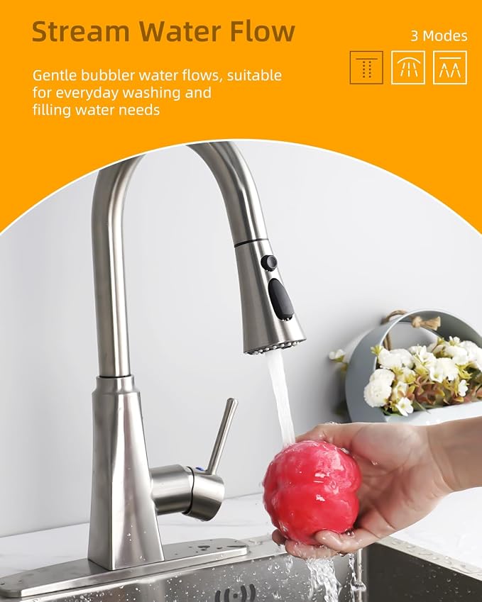 Hibbent Kitchen Sink Faucet Head Replacement, NSF/ANSI/CAN 61 & CUPC Certified, 3-Function Pull Down Sprayer Nozzle with 15 Adapters, Compatible with Delta, Kohler, Moen Faucets, Brushed Nickel