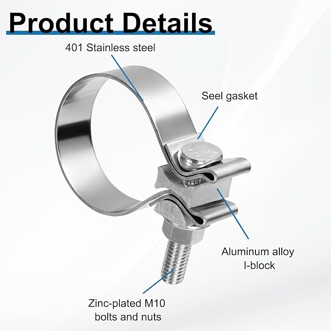 HARFINGTON 410 Stainless Steel Exhaust Clamp 2.17" Butt Joint Narrow Band Muffler Seal Exhaust Narrow Lap Butt Clamps for Pipe Mufflers Converters System Repair, Silver