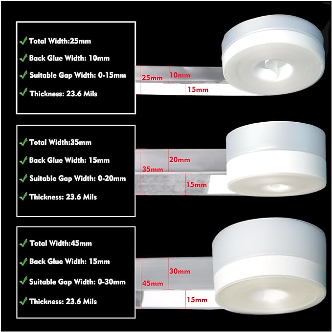 Silicone Seal Weather Stripping Tape 16.5 Feet Strip Bottom Draft Insulation Stopper Tape Weatherproof Soundproof for Door or Window Bathroom Shower Glass Gaps（25mm*5m）