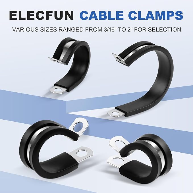 3/4 Inch Rubber Cable Clamp P Clip Pipe Hose Tube Conduit Wire Insulated | ELECFUN, 20pcs, Stainless Steel, Metal, Line