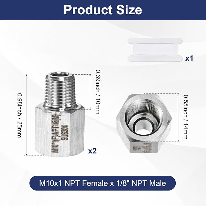 M METERXITY 2-Pack Garden Hose Adapter, Stainless Steel M10x1 NPT Female x 1/8" NPT Male Threaded Connector with Sealing Tape Garden Hose Convert Fitting for Pipe Fitting/Shower