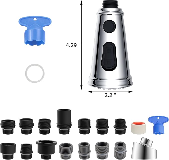Hibbent Pull Down Kitchen Faucet Head Replacement, NSF/ANSI/CAN 61 & CUPC Certified 3-Function Sink Spray Nozzle with 15 Adapters, Compatible with Moen, Delta, Kohler Faucets-Chrome