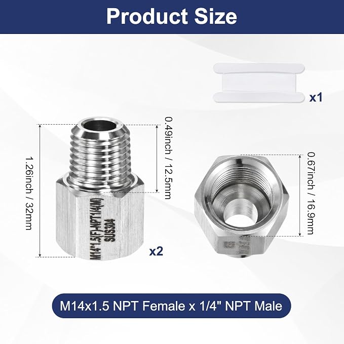 M METERXITY 2-Pack Garden Hose Adapter, Stainless Steel M14x1.5 NPT Female x 1/4" NPT Male Threaded Connector with Sealing Tape Garden Hose Convert Fitting for Pipe Fitting/Shower