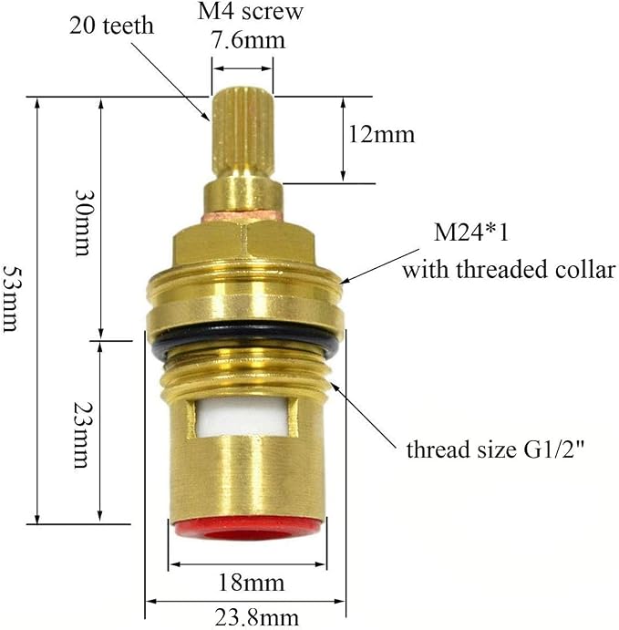 Huashan Replacement Brass Ceramic Disc Stem Cartridge Faucet Valve Quarter Turn 1/2" X 53mm x 12mm spline length 20 teeth(PAIR Hot & Cold)