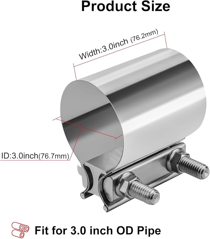 3.0 Exhaust Clamp, 3 Inch Butt Joint Sleeve Coupler 2 Pcs | 304 Stainless Steel Exhaust Band Clamp, No Weld, 360° Seal For Exhaust Pipe, Muffler and Catalytic Converter