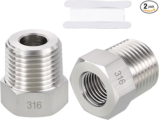 2 Pack SUS316 1/2" Male NPT to 1/4" FeMale NPT Hex Bushing Reducer | 316 Stainless Steel Pipe Fittings, Hose Tube Threaded Adapters with Sealing Tape for Air, Oil, LP, Gas, Fuel, Water