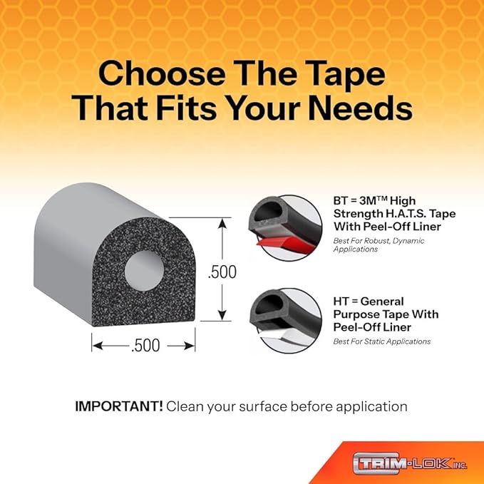 TRIM-LOK D-Shaped Rubber Seal with High Tack Tape, 0.36-Inch Height, 0.625-Inch Width, 25-Foot Length, EPDM Foam Weather Stripping for Door Frame, Window Insulation, Cars, Trucks, RVs, and Boats