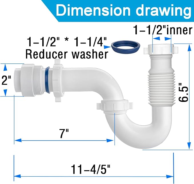 (1 Pack-White) eflyefly 1-1/2 inch P Trap Kitchen Bathroom Sink Drain Kit with Adjustable Bend Pipe