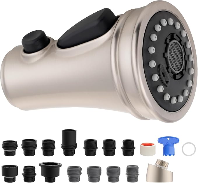 Universal Kitchen Faucet Sprayer Head 3 Modes, 15 Adapters, Brushed Nickel
