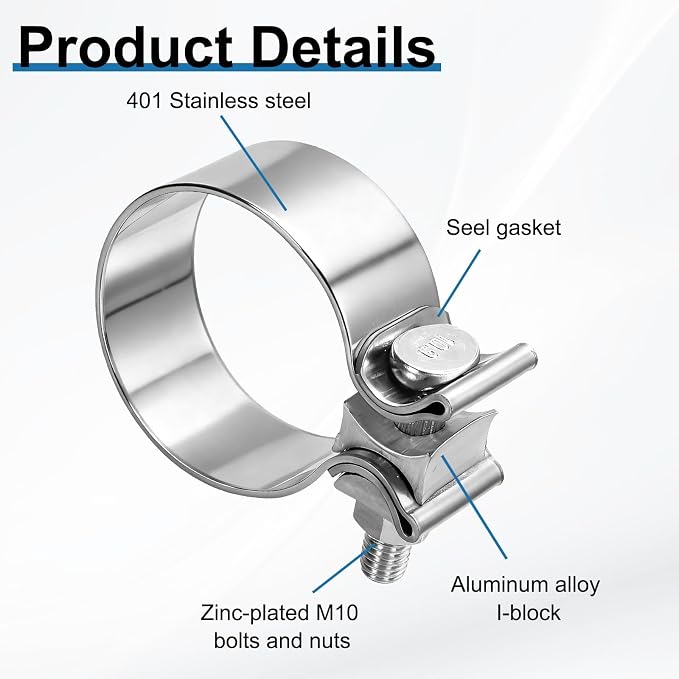 HARFINGTON 410 Stainless Steel Exhaust Clamp 2.36" Butt Joint Narrow Band Muffler Seal Exhaust Narrow Lap Butt Clamps for Pipes Mufflers Converters System Repair, Silver