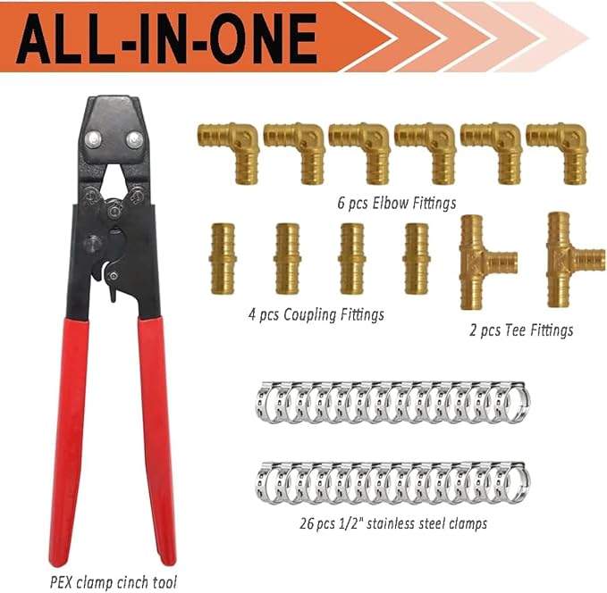 TTFLEX Pex Cinch Tool Kit with Cinch Tool, Clamp Rings & 1/2" Brass Fitting | RV Pex Repair Kit, Lead-Free Brass Fittings, 12 PCS 1/2" Tee Elbow Coupling, 26 PCS 1/2" PEX Cinch Clamp Rings