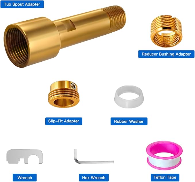 Tub Spout Adapter, Brass, Fits 3/4" IPS and 1/2" IPS Pipe, 1/2" Copper Pipe | Threaded installation&for Slip-On installation,Diverter &without-Diverter Types,5.3" Tub Spout Repair Kit with Assembly Tool