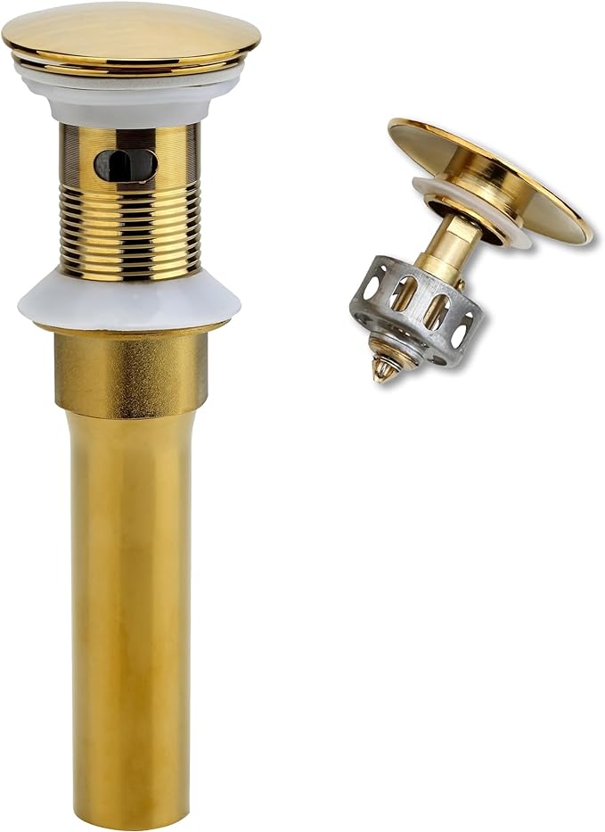 Rockgoya Bathroom Sink Drain, Gold Drain Stopper Bathroom Sink with Overflow,Pop Up Drain Assembly with Detachable Strainer Basket,Built-in Anti-Clogging Strainer,Stainless Steel