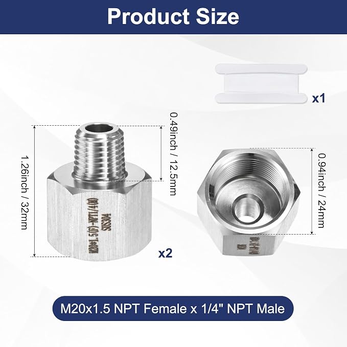 M METERXITY 2-Pack Garden Hose Adapter, Stainless Steel M20x1.5 NPT Female x 1/4" NPT Male Threaded Connector with Sealing Tape Garden Hose Convert Fitting for Pipe Fitting/Shower