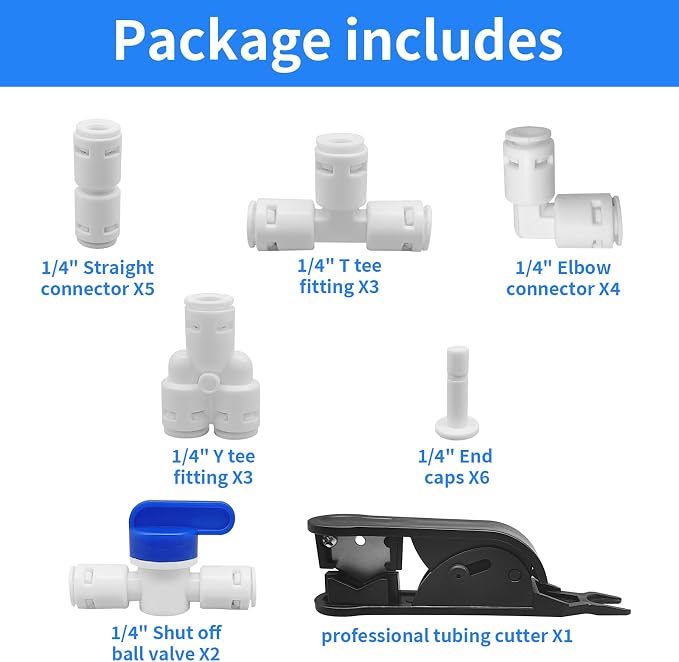 1/4" Quick Connect Push-to-Connect Water Line Fittings Kit for RO/DI Water Filter, Refrigerator, Ice Maker (Ball Valve + T + L + Y + I + Professional Tubing Cutter, 24 Pcs)