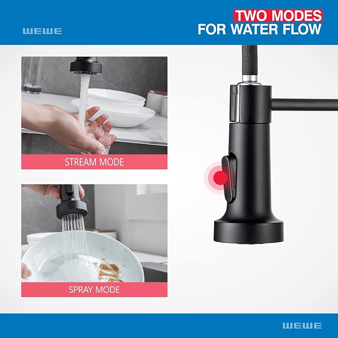WEWE High Arc Pull-Out Kitchen Faucet, 2-Mode Sprayer, Matte Black