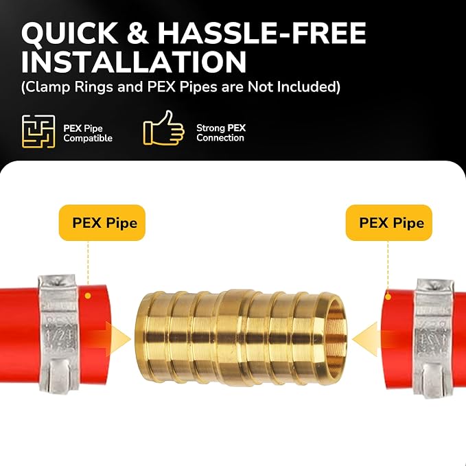 1/2" Pex Coupling, Pex Fittings, Heavy-Duty Brass Crimp Fittings for PEX Pipes with Leak-Resistant Construction, NSF & UPC Certified, 5-Pack