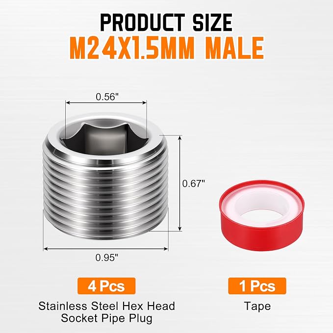 4Pack Hex Head Socket Pipe Plug Fitting M24x1.5mm End Cap Hex Thread | Male Threaded, 304 SS, Pipe Fittings, with W/Tape, for Water Pump Engine Industrial Piping