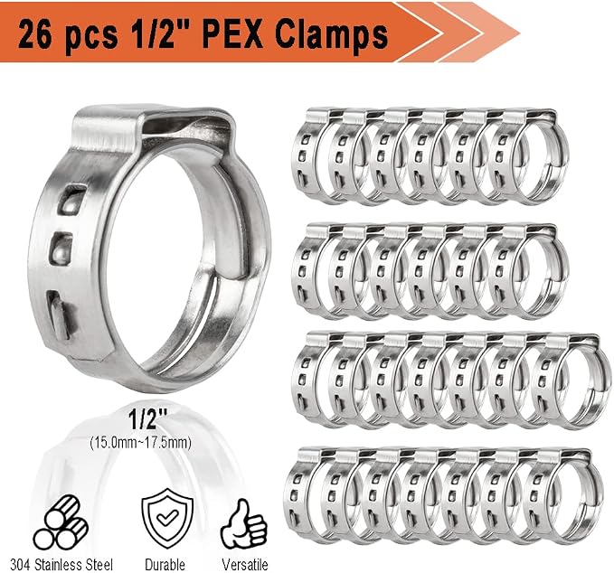 TTFLEX Pex Cinch Tool Kit with Cinch Tool, Clamp Rings & 1/2" Brass Fitting | RV Pex Repair Kit, Lead-Free Brass Fittings, 12 PCS 1/2" Tee Elbow Coupling, 26 PCS 1/2" PEX Cinch Clamp Rings