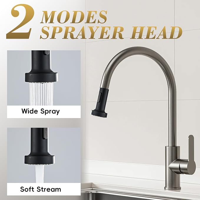 Kitchen Faucet Head Replacement, Pull Down Spray Head with 2 Spray Modes, High Pressure Faucet Sprayer, Universal Sink Spray Head Replacement (Matte Black)
