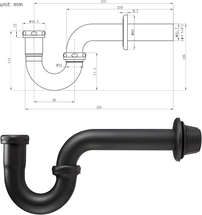 18 Gauge Solid Brass P-Trap 1 1/4” OD, Heavy Duty Brass Tubular J Bend Pipe Connector, Decorative Bathroom Basin Sink Waste Trap Drain Kit with Flange and Gasket Washers, Matte Black