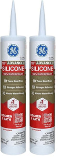 GE Advanced Silicone Caulk for Kitchen & Bathroom, Clear, 10 fl oz Cartridge, 2 Pack - 100% Waterproof Silicone Sealant, 5X Stronger Adhesion, Shrink & Crack Proof