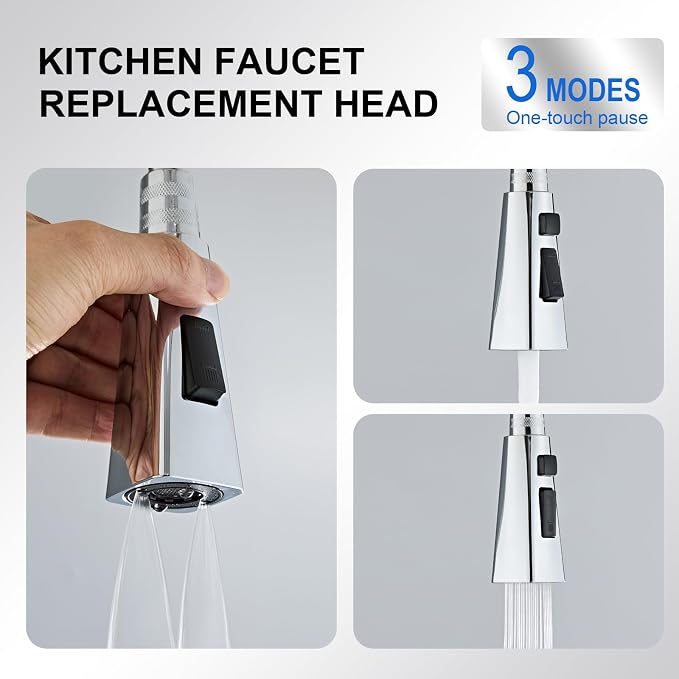 Square Kitchen Faucet Head Replacement Part, G1/2 (13/16" Male Thread) Pull Down Pull Out Sink Sprayer Nozzle, 3-Mode Stream Spray Pause Commercial Utility Tap Spout Only, Chrome