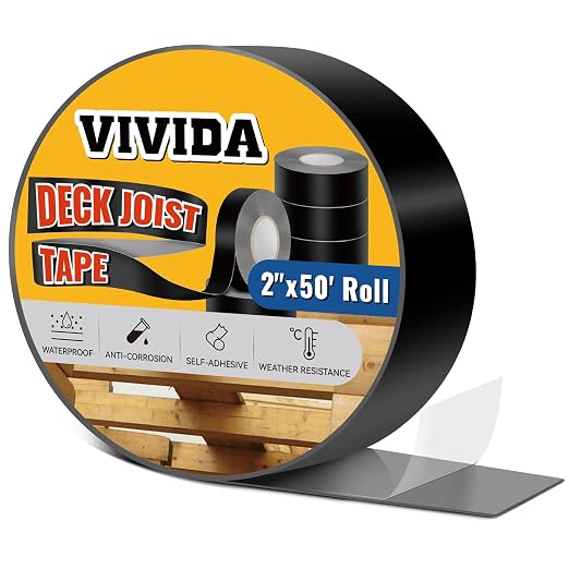 VIVIDA 2 in × 50 Ft Joist Tape for Decking, Deck Joist Butyl Tape, 1 Roll | Waterproof Deck Joist Tape, Butyl Sealant Tape, For Wood Beams, Roof, Black