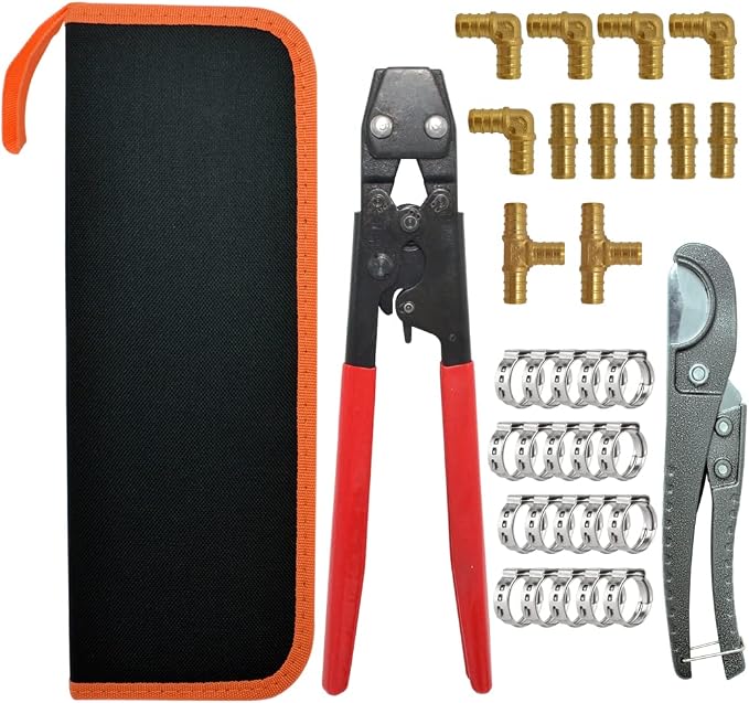 TTFLEX RV Pex Repair Kit with Cinch Tool, Pipe Cutter & 1/2" Brass Fittings | Pex Cinch Tool Kit, All-in-One Kit, Lead-Free, 12 PCS 1/2" Tee Elbow Coupling Fittings, 20 PCS 1/2" PEX Cinch Clamp Rings