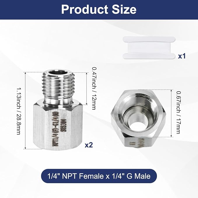 M METERXITY 2-Pack Garden Hose Adapter, Stainless Steel 1/4" NPT Female x 1/4" g Male Threaded Connector with Sealing Tape Garden Hose Convert Fitting for Pipe Fitting/Shower