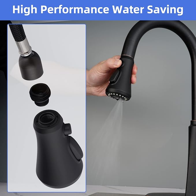 Universal Pull-Down Kitchen Faucet Sprayer Head 3-Mode, 15-Adapter, Black