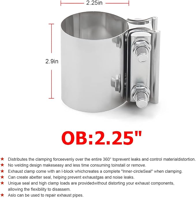 BESULEN 2.25 Inch Exhaust Clamp Butt Joint Band Clamp 2 PCS Stainless Steel | L-shaped block seal structure, bolt tightened connection, fits matching exhaust pipe sizes, automotive exterior accessories