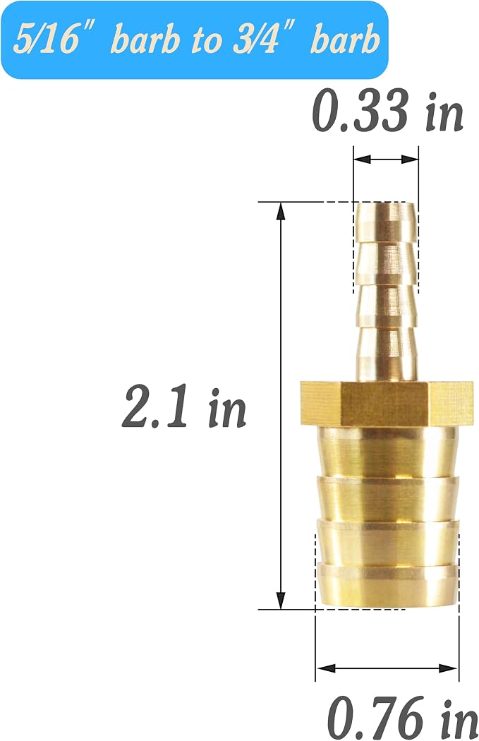 Brass Hose Barb Reducer 3/4" (20mm) to 5/16" (8mm) Reducing Barb Splicer Mender with Stainless Steel Pipe Clamps air Hose Repair kit for Pipe Line/Fuel/Air (Pack of 5)