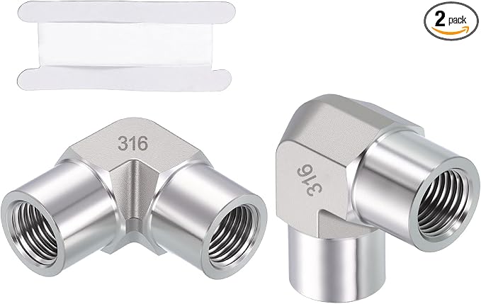 2 Pack SUS316 90 Degree 1/4" FNPT to 1/4" FNPT Barstock Street Elbow | 316 Stainless Steel Pipe Fittings, Forged Pipe Fitting Connector with Sealing Tape for Air, Oil, LP, Gas, Fuel, Water