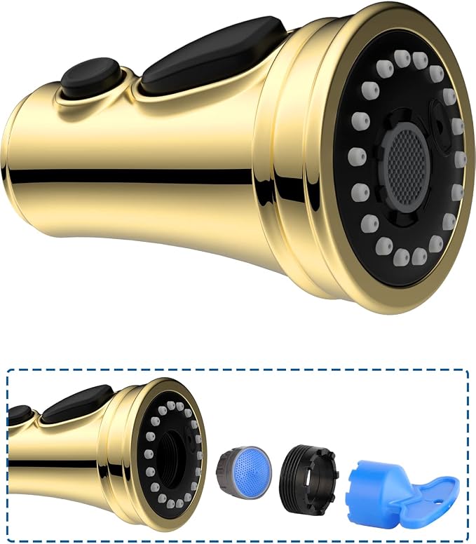 Hibbent Kitchen Faucet Head Replacement, NSF/ANSI/CAN 61 & CUPC Certified, 3 Function Pull Down Faucet Spray Nozzle - 10 Adapters Compatible with Moen, American Standard, Delta, Kohler-Polished Brass