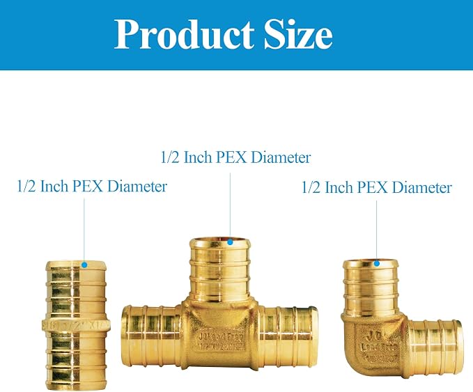 WiseWater 36 Pcs Pex Fittings, 1/2 inch T PEX Tee(12PCS) & 90 Degree Elbow & Straight Coupling, Brass Barb Crimp Pipe Fitting for Pex Pipe(Pack of 36), UPC Certified