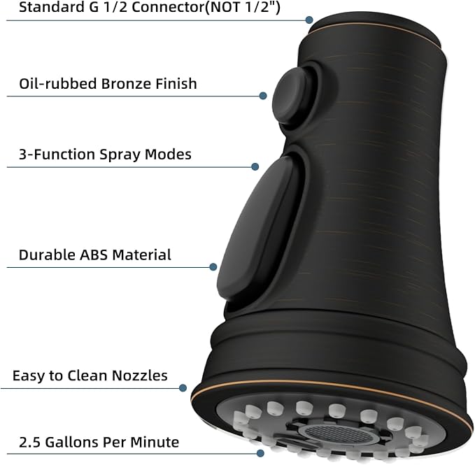 Universal Kitchen Faucet Sprayer Head 3-Mode, 15 Adapter, Oil Rubbed Bronze