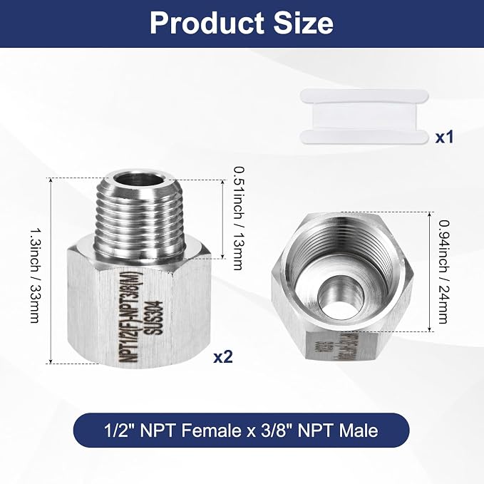 M METERXITY 2-Pack Garden Hose Adapter, Stainless Steel 1/2" NPT Female x 3/8" NPT Male Threaded Connector with Sealing Tape Garden Hose Convert Fitting for Pipe Fitting/Shower