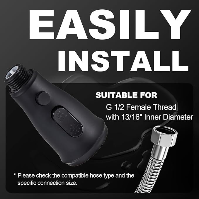 Kitchen Faucet Head Replacement Part, G1/2 (13/16" Male Thread) Pull Down Pull Out Sink Sprayer Nozzle, 3 Functions Stream Spray Pause Faucet Tip, Matte Black