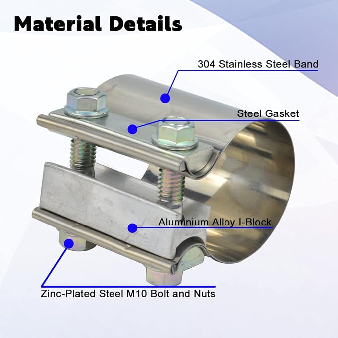 Elifeceneter ID 2.5" 2-1/2 Inch Lap Joint Exhaust Band Clamps Stainless | T304 Exhaust Butt Clamp for OD 2.5 inch Pipes, 360° Seal For Exhaust Pipes, 10.8 High Strength Bolt, 2 Pack