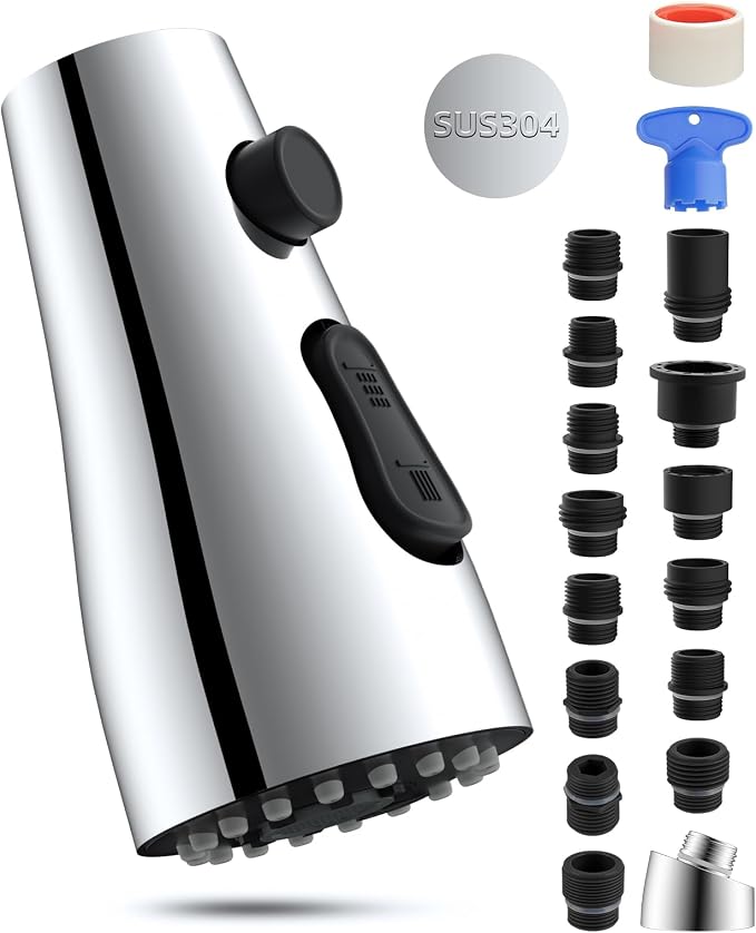 Hibbent Stainless Steel Pull Down Spray Head Replacement with 15 Adapters, NSF/ANSI/CAN 61 & CUPC Certified 3-Function Kitchen Faucet Nozzle, Compatible with Moen, Delta, Kohler Faucet, Chrome