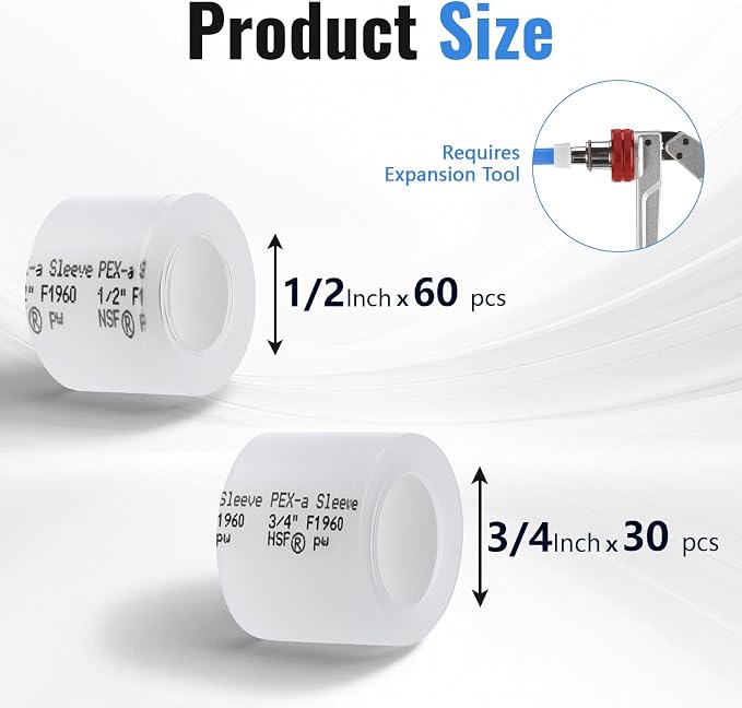 (90 Pack YVSKM) PEX-A Expansion Rings with STOP 60 pcs 1/2 inch + 30 pcs 3/4 inch — F1960 Full-Flow Expansion Sleeves for PEX-A Pipe, Leak-Tight, Fast Install for Hot/Cold & Potable Water