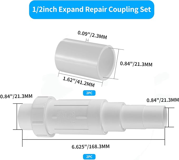 LESSO 1/2 inch PVC Pipe Repair Kit, 1/2" Coupling 2 Sets SCH40 White | PVC Repair Coupling For Broken or Cracked In-Ground Pipes