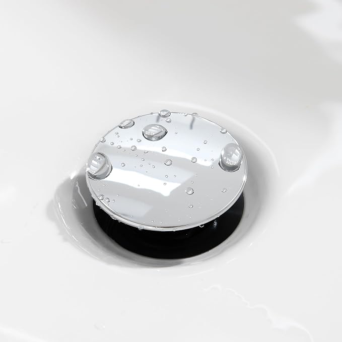 TIORIY Chrome Pop Up Bathroom Sink Drain, with Overflow Plastic Bathroom Sink Stopper for Faucet Vessel, Push Type Bathroom Sink Vanity Assembly with Strainer
