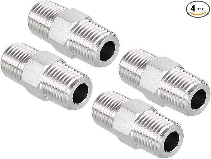 Pack of 4, 1/4" Male NPT To 1/4" Male NPT SUS304 Hex Nipple | Solid Male Pipe Adapter Hose Connectors for Pipe Repair, Bathroom Remodel, Tool Extensions, Compression, Irrigation