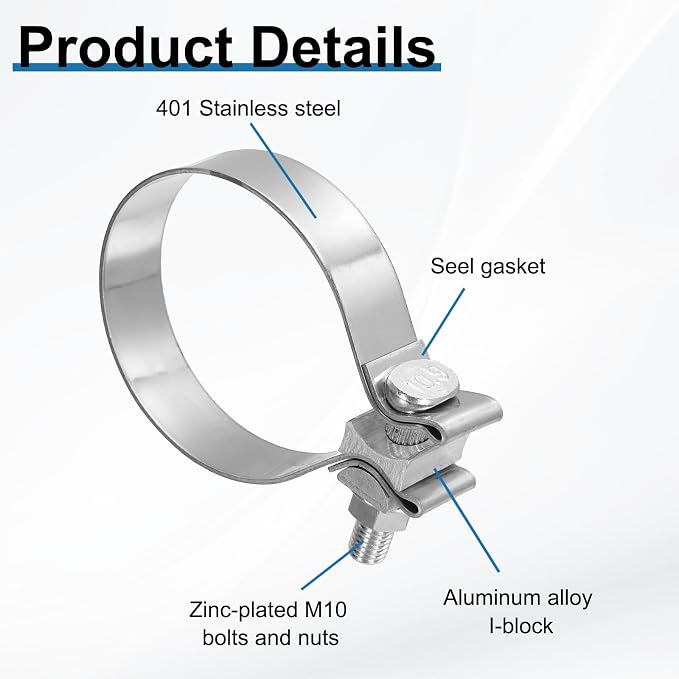HARFINGTON 410 Stainless Steel Exhaust Clamp 3.15" Butt Joint Narrow Band Muffler Seal Exhaust Narrow Lap Butt Clamps for Pipes Mufflers Converters System Repair, Silver