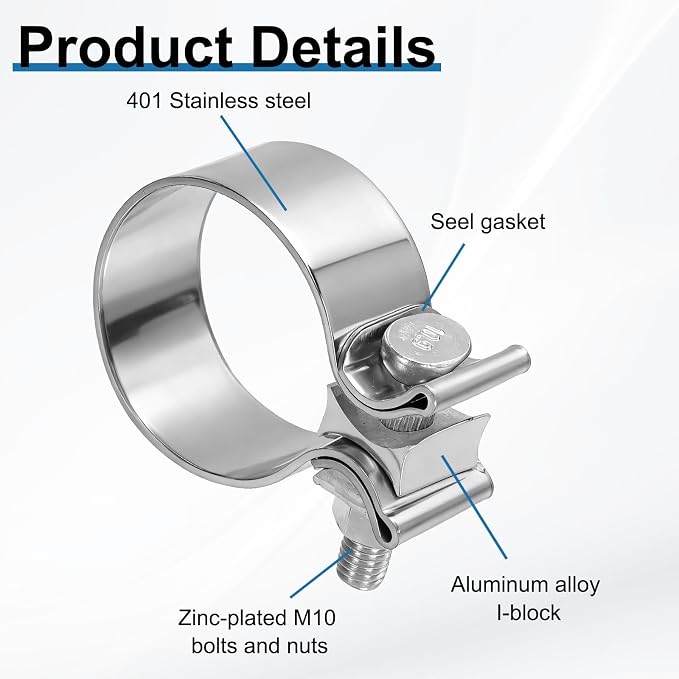 HARFINGTON 410 Stainless Steel Exhaust Clamp 2.17" Butt Joint Narrow Band Muffler Seal Exhaust Narrow Lap Butt Clamps for Pipes Mufflers Converters System Repair, Silver