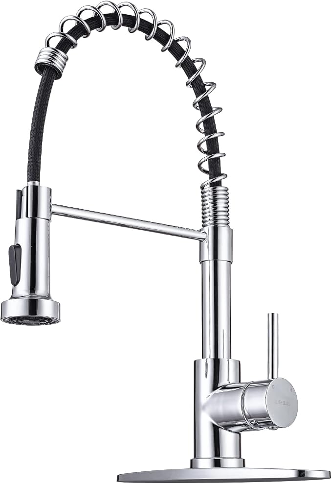 WEWE Pull-Down Kitchen Faucet, 2-Mode Sprayer, Polished Chrome, High Arc
